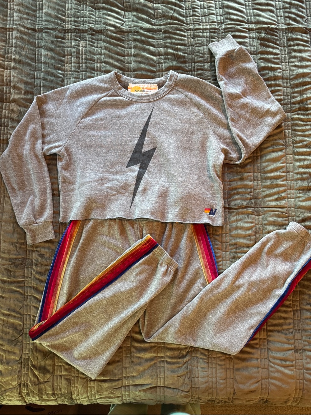 Aviator Nation Gray Lightning Bolt Cropped Sweatshirt Large
